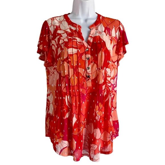 Ava & Grace Short Sleeve Quarter Button Lined Pink Orange Floral Top Women's Med - Picture 2 of 10